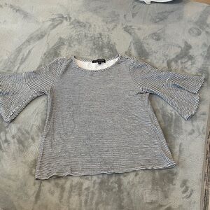 Green Envelope Black and White Striped Flare Sleeve Blouse